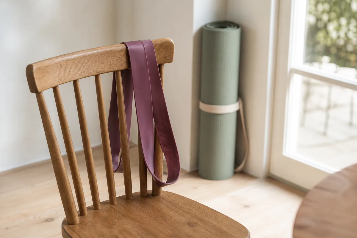 Bande élastique posée sur le dossier d’une chaise en bois, près d’une fenêtre lumineuse