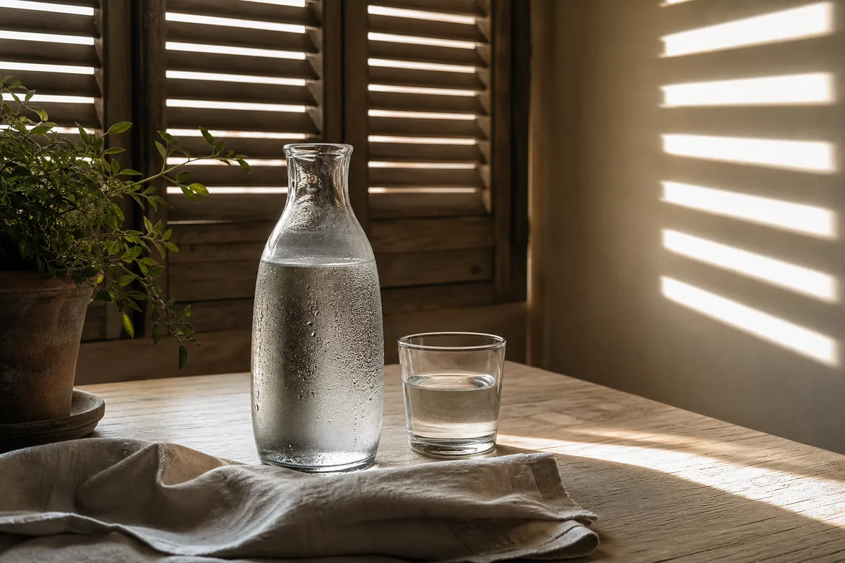Carafe d’eau fraîche posée près d’une fenêtre aux volets mi-clos, dans une pièce ombragée