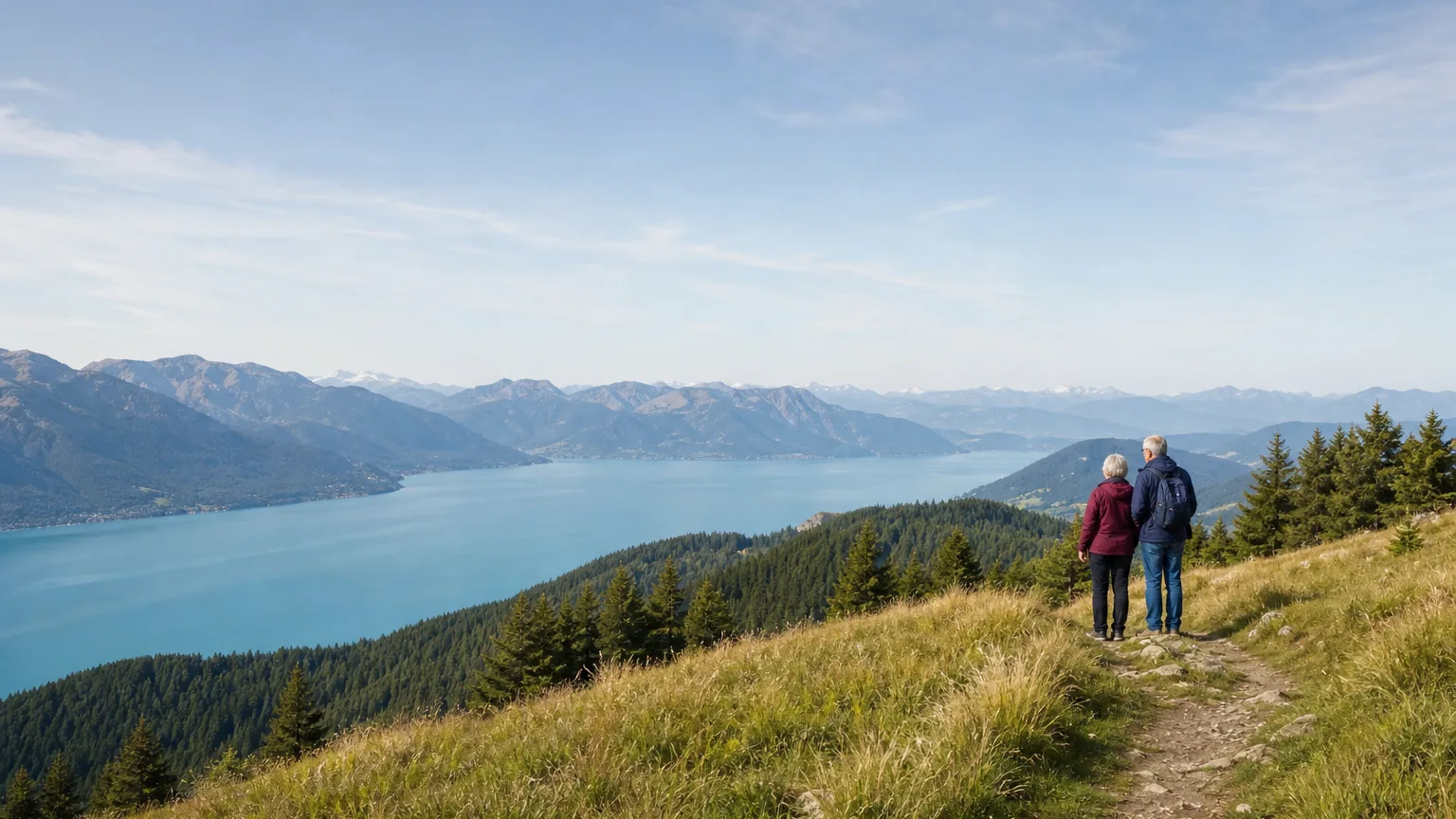 Couple de personnes âgées vu de dos sur un sentier de montagne, face à un grand lac alpin turquoise