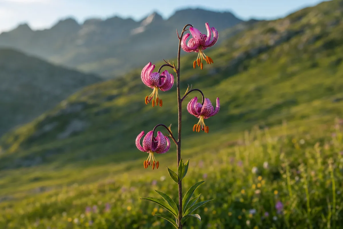 Lis martagon en fleur dans une prairie de montagne, pétales rose pourpré recourbés vers le haut
