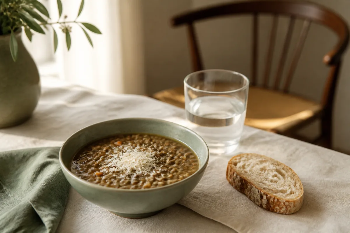 Bol de soupe enrichie de lentilles et de fromage râpé, tranche de pain et verre d’eau sur une nappe de lin