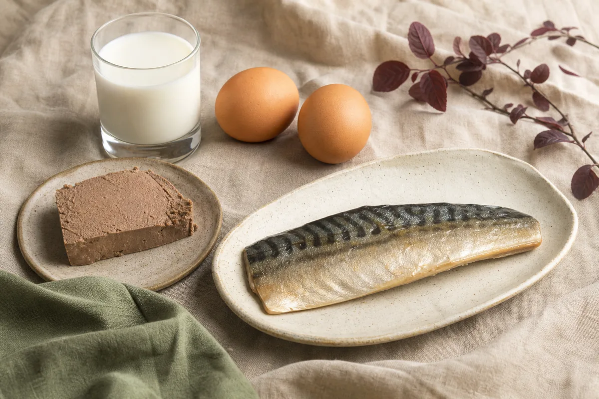 Deux œufs bruns, un verre de lait, une tranche de pâté de foie et un filet de maquereau sur une nappe de lin