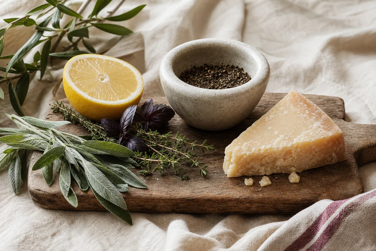 Planche de bois avec des herbes fraîches, un demi-citron, du poivre dans un mortier et un morceau de fromage affiné