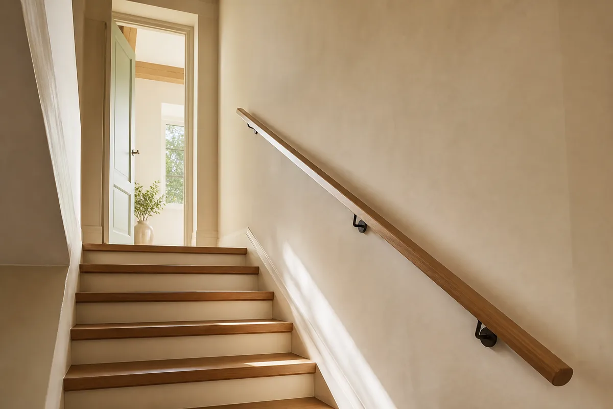 Escalier intérieur clair avec une main courante en bois le long du mur, porte ouverte sur une pièce ensoleillée