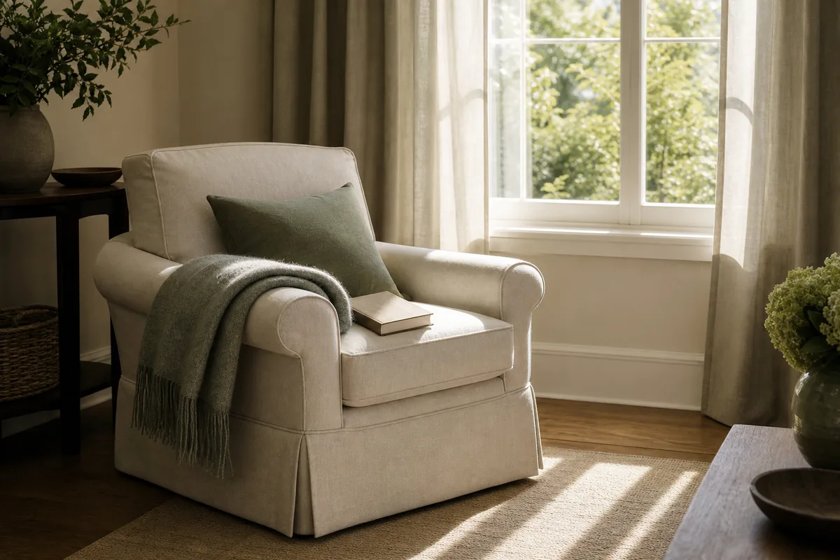 Fauteuil confortable avec une couverture en laine pliée près d’une fenêtre aux rideaux entrouverts, lumière d’après-midi