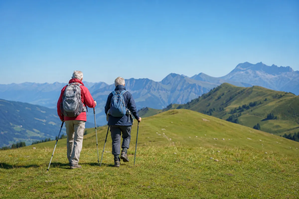 Deux personnes âgées marchant côte à côte sur une crête herbeuse, montagnes bleutées à l’arrière-plan