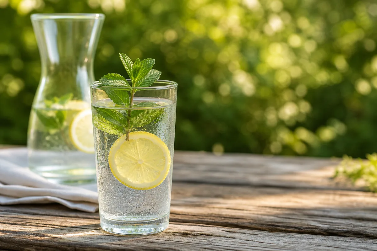 Verre d’eau avec une rondelle de citron et de la menthe fraîche sur une table de bois, jardin flou à l’arrière-plan
