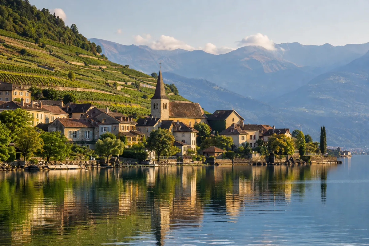 Village romand au bord d’un lac, montagnes en arrière-plan dans une lumière de fin d’après-midi